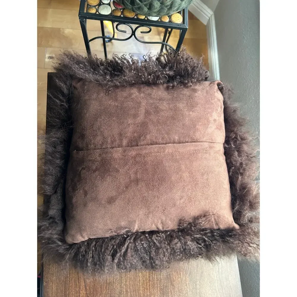 Luxe Mongolian Lamb Pillow Cover with down insert brown